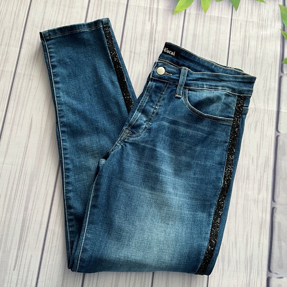 Vocal Midrise Button Front Skinny Jeans Black Studded Sides, Size L (30)